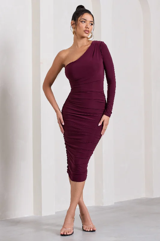 Women's Wide Collar DressesIn The Shadows | Burgundy One Sleeve Midi Dress With Ruching