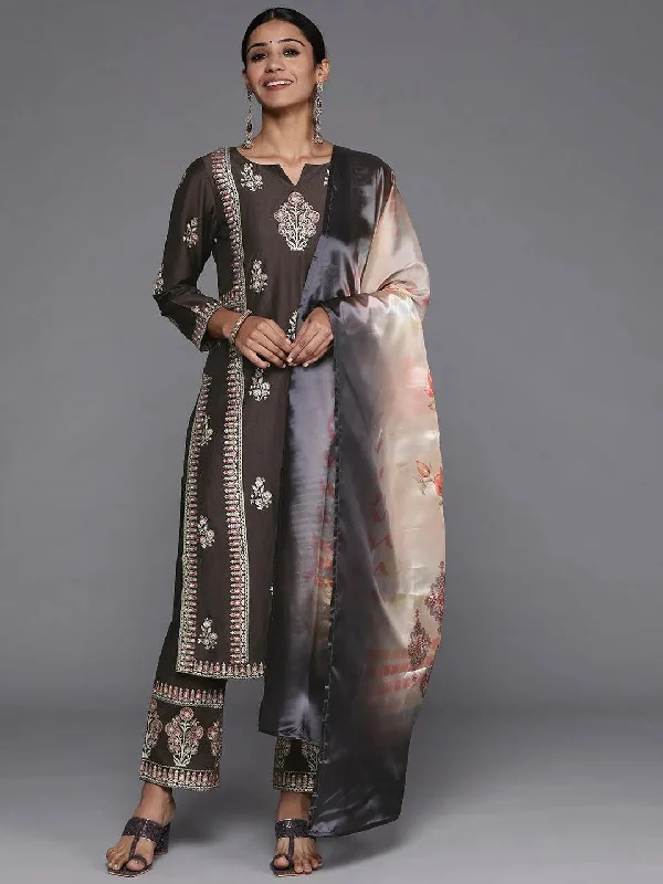 Women's Jumpsuits with Shirt CollarCharcoal Printed Silk Blend Straight Kurta With Dupatta