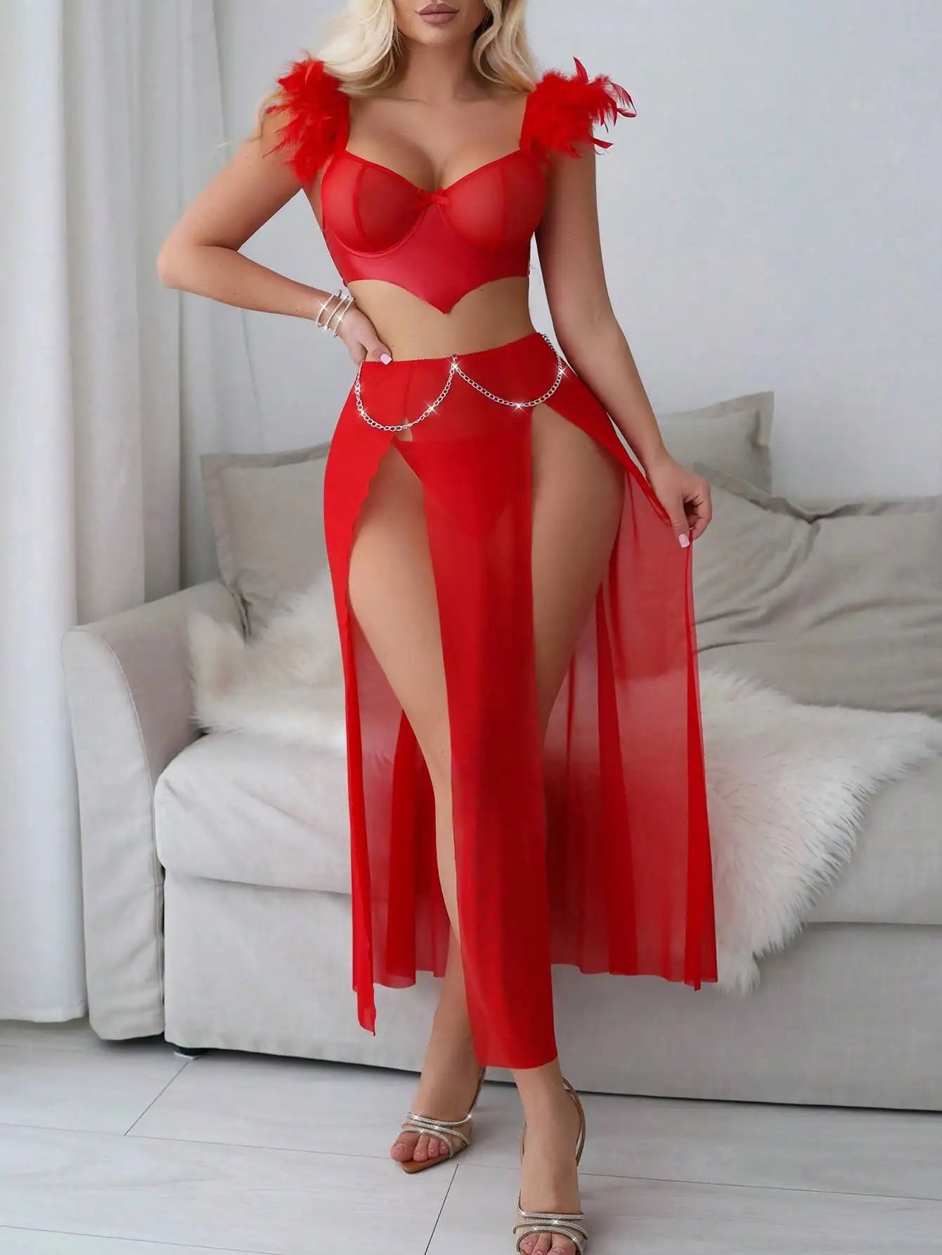 maternity support braGlamorous Red Sheer Lingerie Set with Feather and Chain Detail