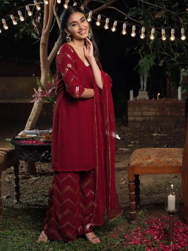 Women's Jumpsuits with Full LengthMaroon Solid Georgette Straight Kurta With Palazzos & Dupatta