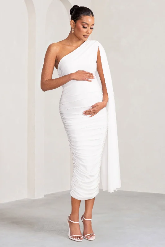 Women's High Collar DressesYara | White One Sleeve Ruched Maternity Midi Dress with Cape Sleeve