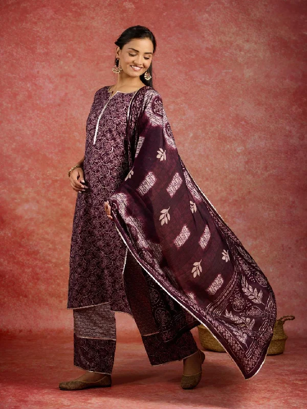 Women's Jumpsuits with SleevesBurgundy Printed Silk Blend Straight Suit With Dupatta