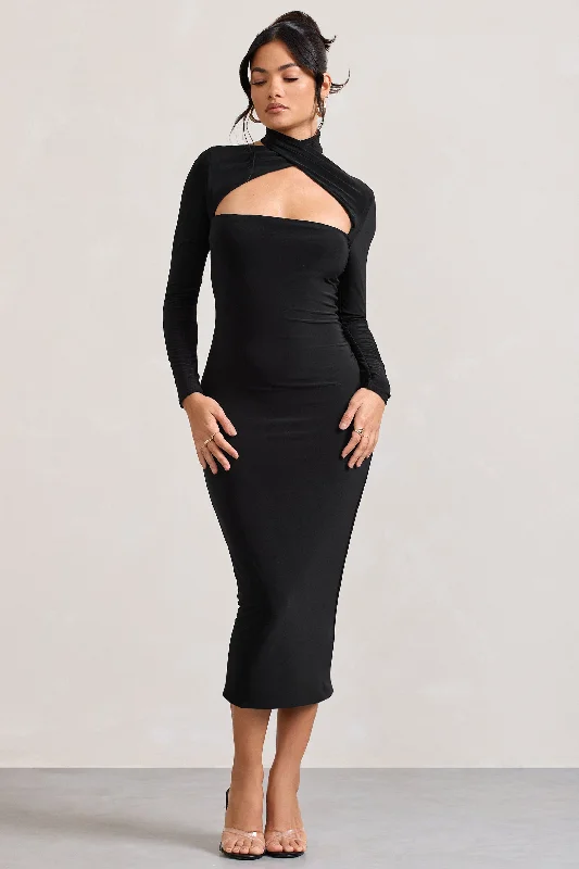 Women's Sweetheart-Back DressesHigh Hopes | Black Halter-Neck Long-Sleeved Bodycon Midi Dress