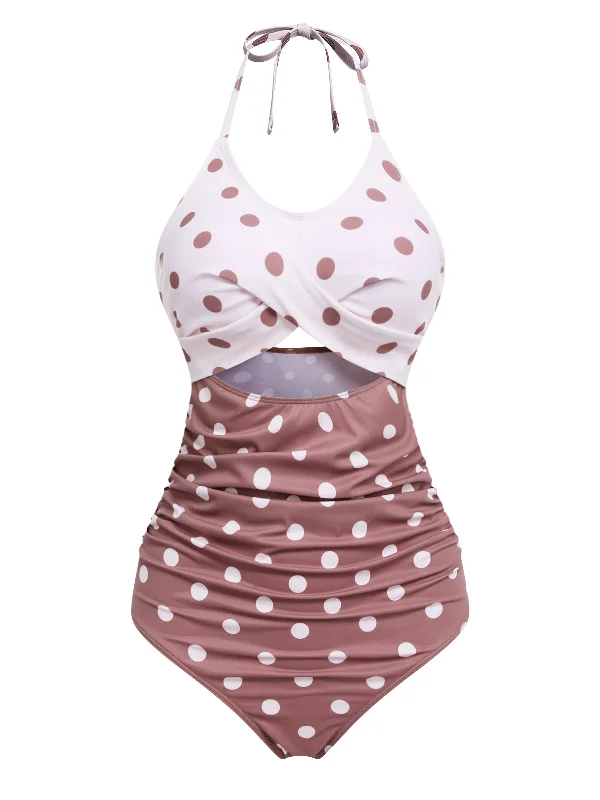 Retro Polka Dots Patchwork One-piece Swimsuit