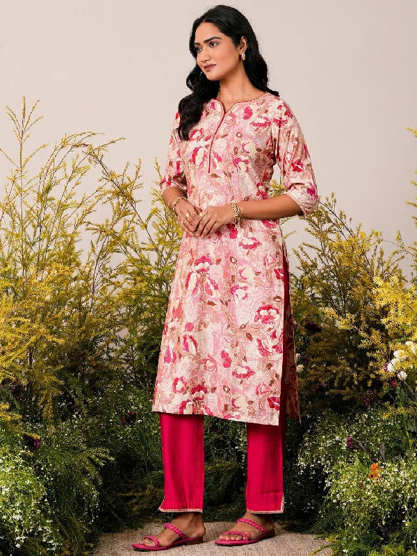 Women's Jumpsuits with U-Shaped CollarPink Printed Silk Blend Straight Kurta Set