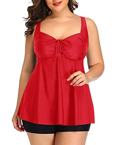 Women's Tie Knot Bow Adjustable Plus Size Tankini Bathing Suits-Neon Red