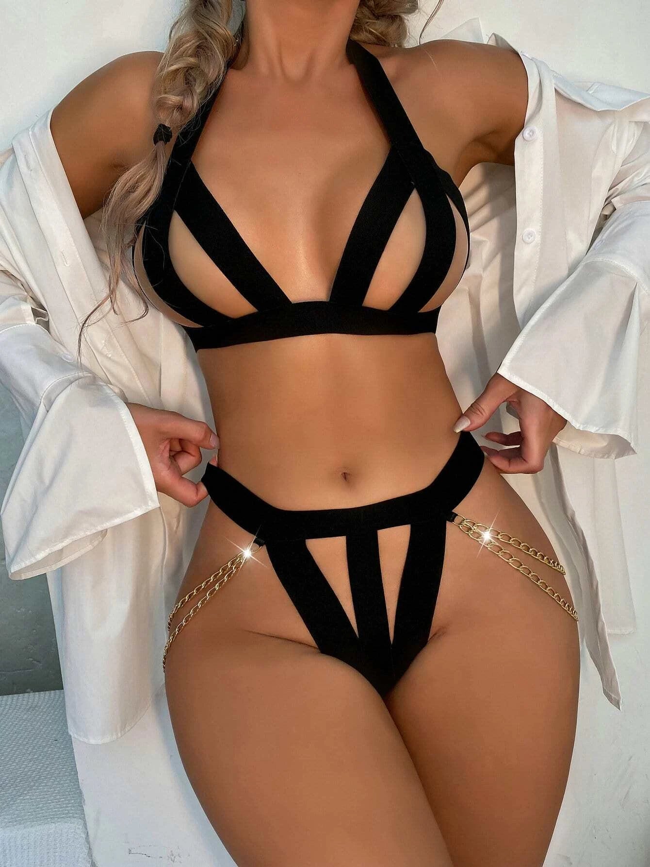 plus-size demi-cup bra with lace overlayMysterious Charm: A Black Hollow-Out Bandage Lingerie Set