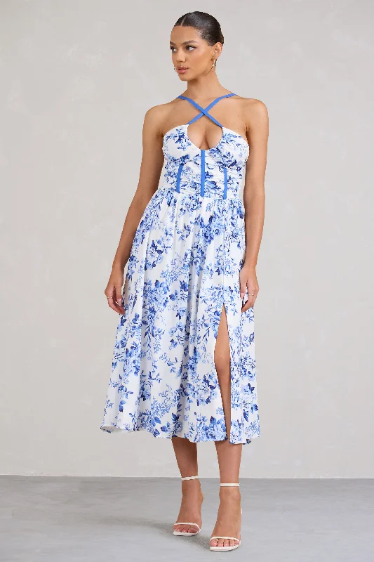 Women's Sweetheart-Neck DressesLady Loren | Blue Floral Ruched Cross-Strap Split Midi Dress