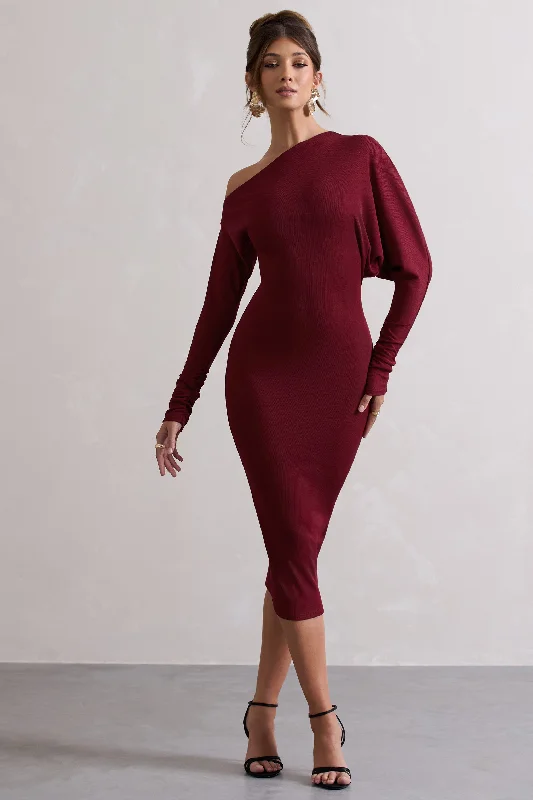 Women's Boat Collar DressesThora | Berry Rib Knit One-Shoulder Midi Dress