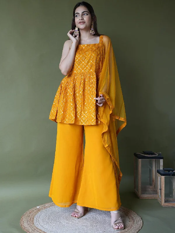 Women's Jumpsuits with Narrow CollarMustard Embroidered Georgette A-Line Kurti With Palazzos & Dupatta