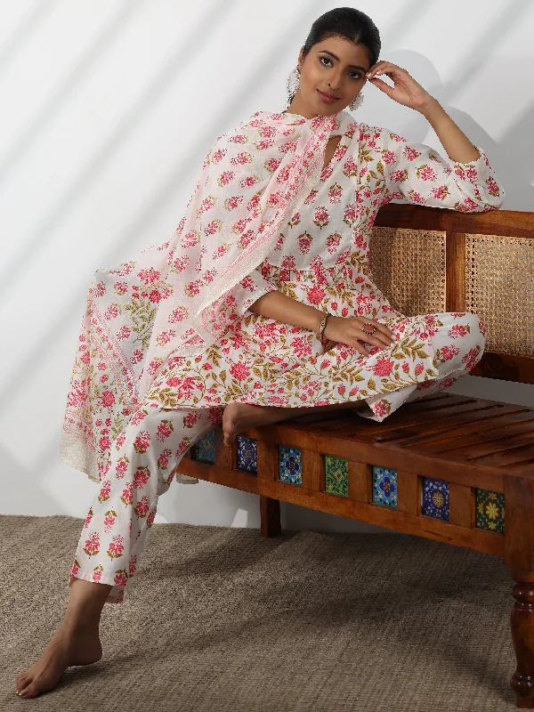 Women's Jumpsuits with Collarless DesignWhite Printed Cotton A-Line Kurta With Trousers & Dupatta