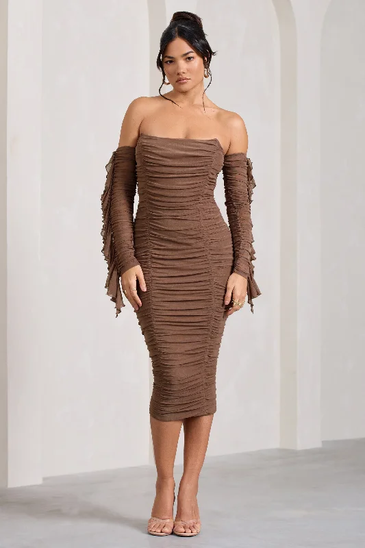 Women's Peter Pan Collar DressesFavor | Mocha Ruched Mesh Bardot Midi Dress