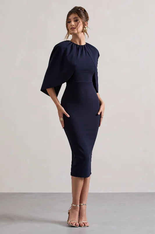 Women's Long-Sleeve DressesSweeney | Navy Draped Short-Sleeve Midi Dress