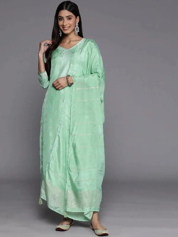 Women's One-Piece JumpsuitsGreen Self Design Silk Blend Straight Kurta With Trousers & Dupatta