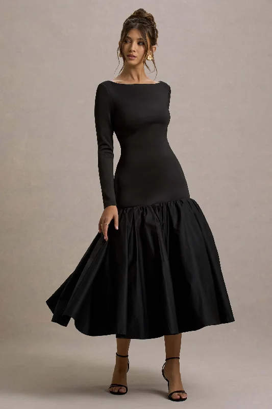 Women's V-Shaped Collar DressesPerpetua | Black Drop-Waist Midi Dress With Volume Skirt