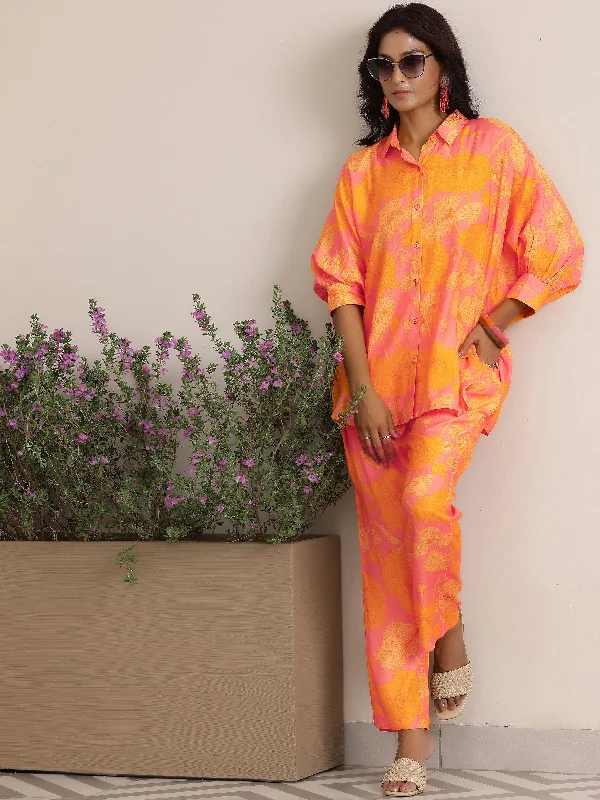 Women's Jumpsuits with Keyhole NeckOrange Printed Silk Blend Co-Ords