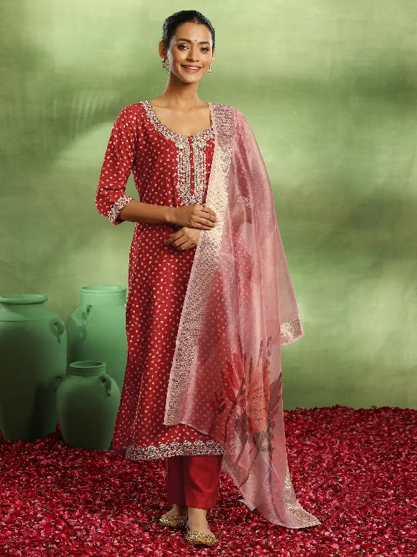 Women's One-Piece JumpsuitsRed Printed Silk Blend Straight Suit With Dupatta