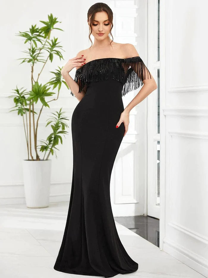  Women's A-Line DressesFringe Off-Shoulder Beaded Bodycon Fishtail Evening Dress