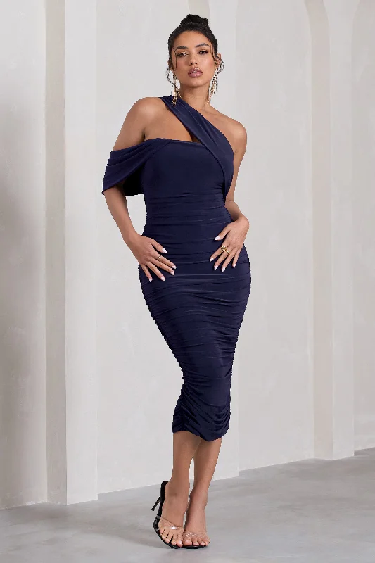 Women's U-Shaped-Neck DressesCici | Navy Asymmetric One Shoulder Ruched Midi Dress