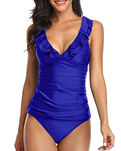 2 Piece Ruched Bathing Suits Tummy Control Swimsuits Falbala Ruffle-Royal Blue