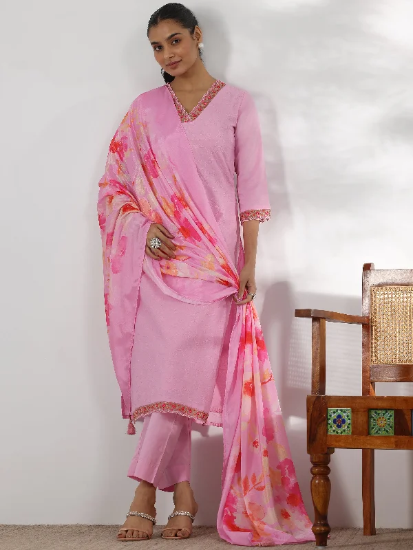 Women's Jumpsuits with Narrow CollarPink Embroidered Cotton Straight Suit With Dupatta