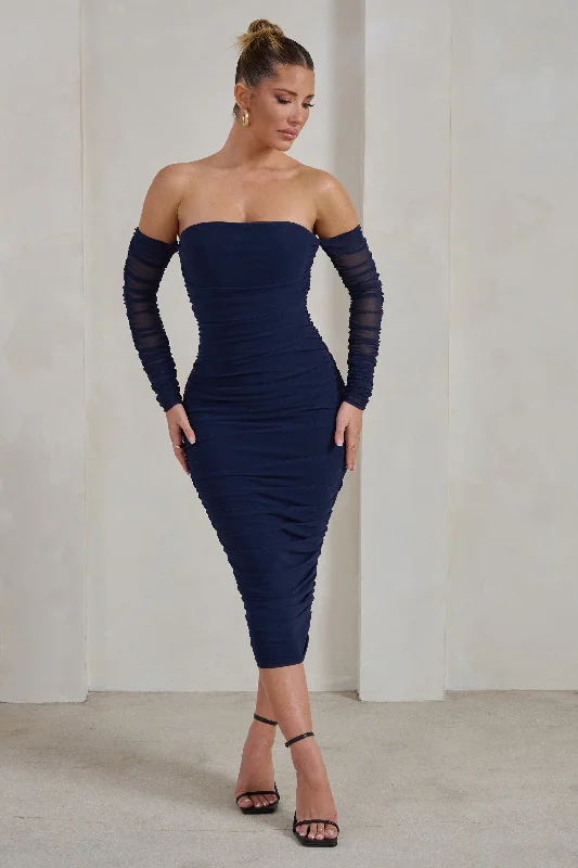 Women's High-Low DressesSorella | Navy Ruched Mesh Bardot Midi Dress