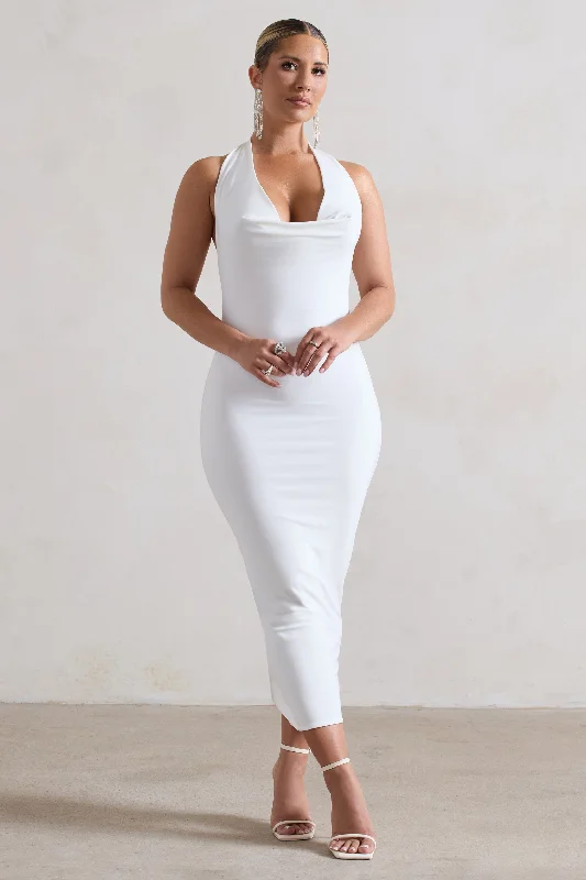 Women's High-Low DressesRoulette | White Cowl-Neck Midi Dress