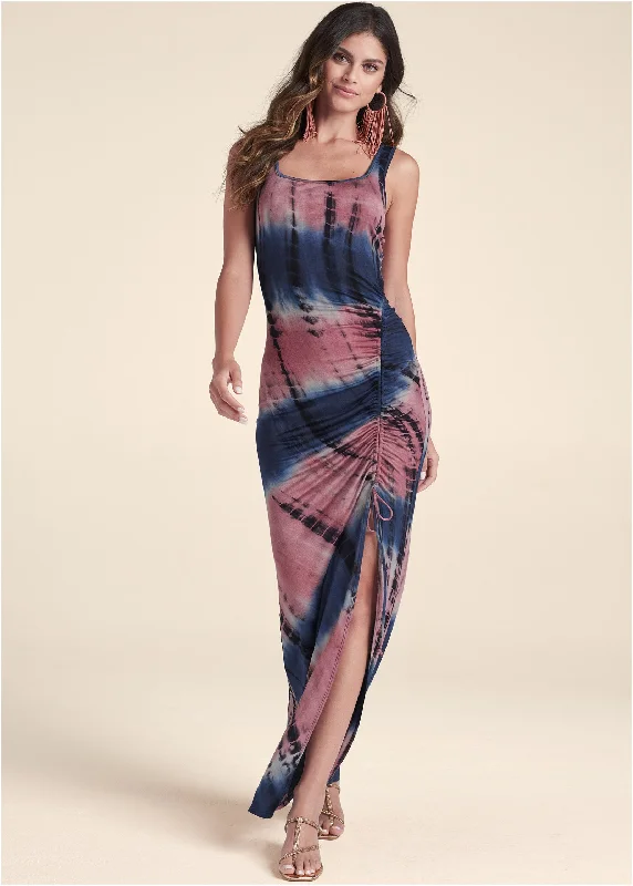 Women's Sweetheart Collar DressesTie-Dye Maxi Dress - Navy & Coral