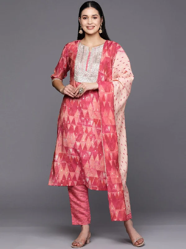 Women's Jumpsuits with Shawl CollarCoral Yoke Design Silk Blend Straight Kurta With Trousers & Dupatta