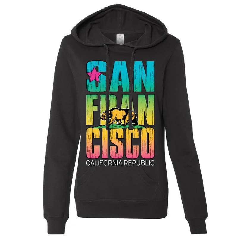 Women's Hooded SweatshirtsSan Francisco California Neon Rainbow Ladies Lightweight Fitted Hoodie