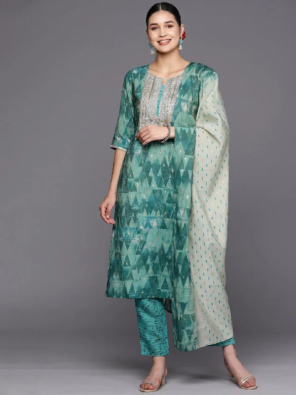 Women's Jumpsuits with Mandarin CollarTeal Yoke Design Silk Blend Straight Kurta With Trousers & Dupatta