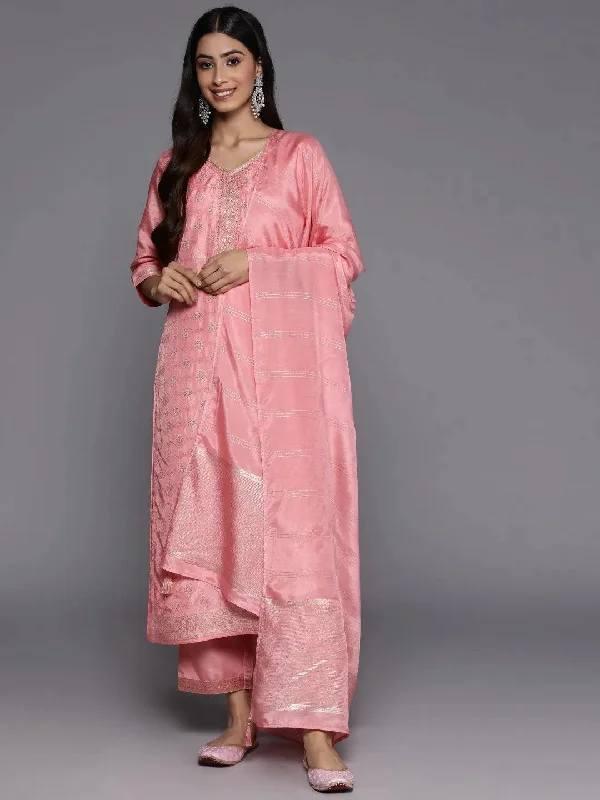 Women's Short-Sleeve JumpsuitsPeach Embroidered Silk Blend Straight Kurta With Trousers & Dupatta