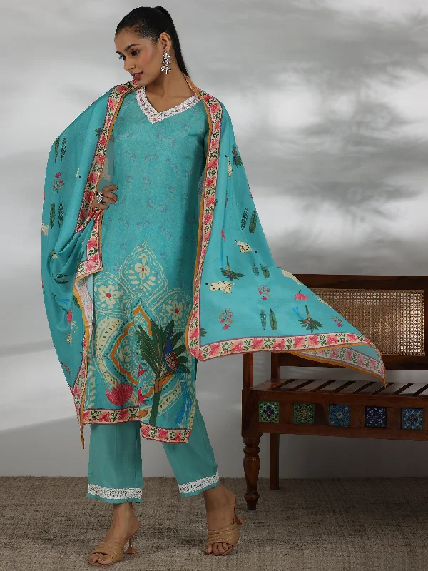 Women's Jumpsuits with HoodTurquoise Printed Cotton Blend Straight Suit With Dupatta