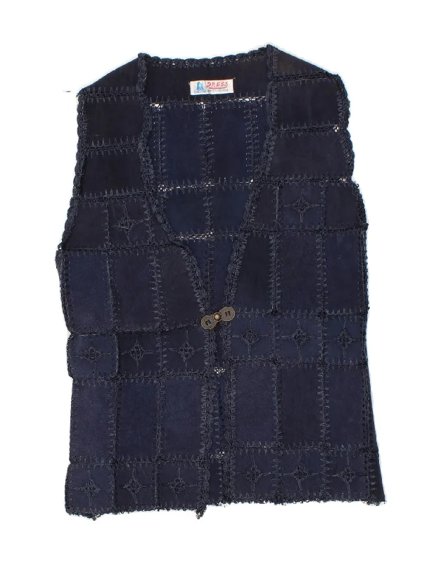 Women's Trench CoatsVINTAGE Womens Suede Gilet UK 12 Medium Navy Blue Patchwork