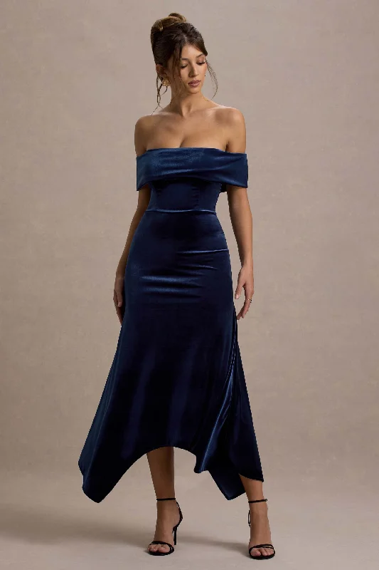 Women's Wide Collar DressesHalia | Navy Velvet Bardot Midi Dress