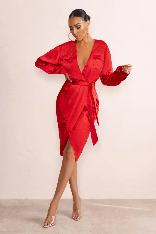 Women's Mandarin Collar DressesTrue Romance | Red Satin Plunge Neck Midi Dress With Belt Detail