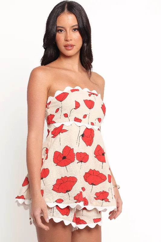 Women's Jumpsuits with Sweetheart CollarRomia Strapless Playsuit - Red Beige Poppy