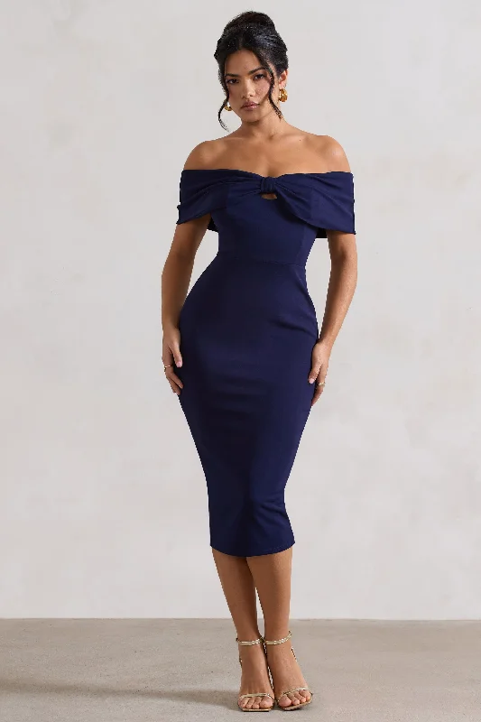 Women's Wide-Neck DressesHope | Navy Bow Bardot Midi Dress