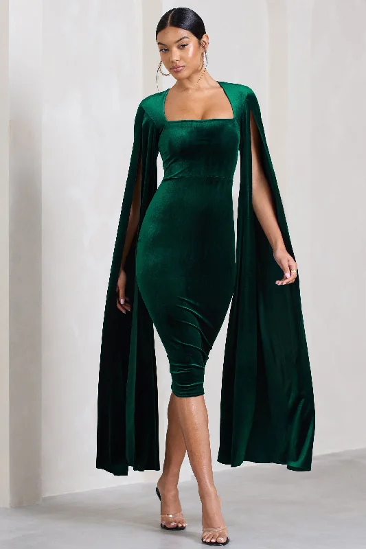 Women's Rounded Collar DressesFlawless | Bottle Green Velvet Square Neck Midi Dress With Cape Sleeves