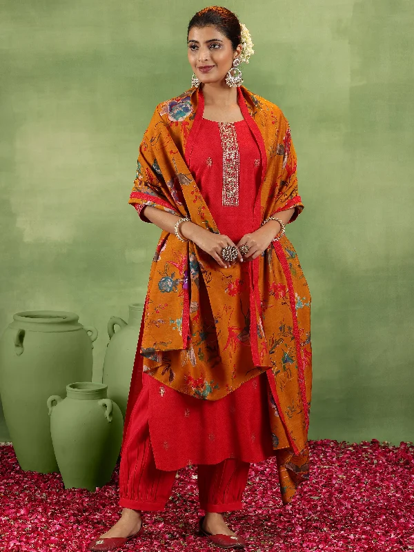 Women's Jumpsuits with Sweetheart CollarRed Printed Silk Blend Straight Suit With Dupatta