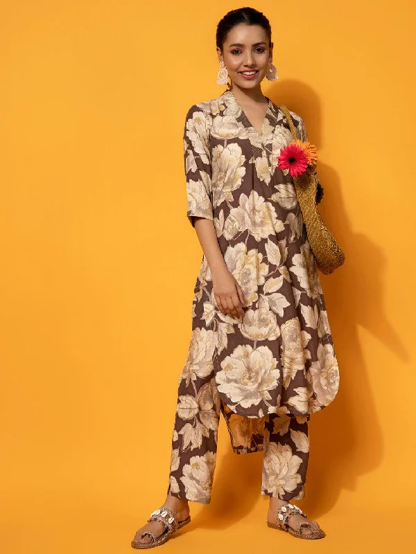 Women's Jumpsuits with Mandarin CollarBrown Printed Silk Blend Co-Ords