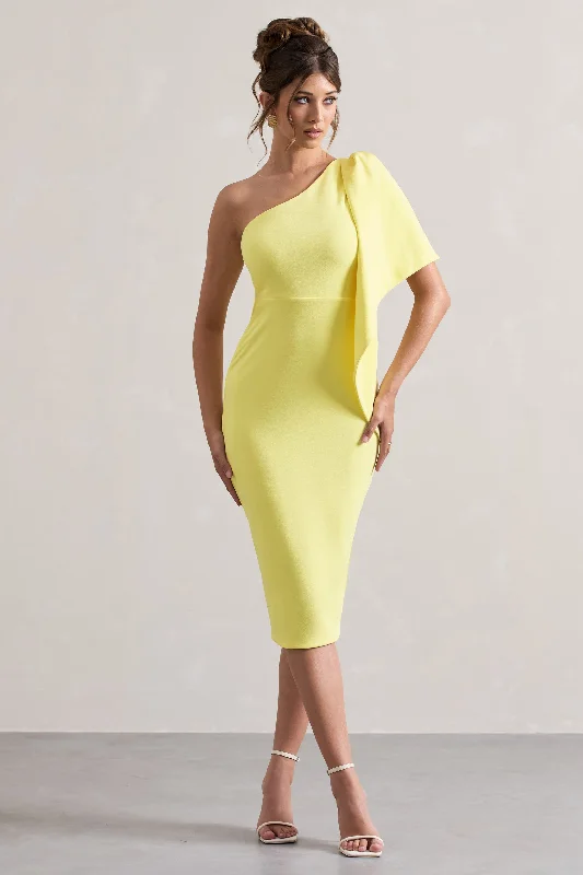 Women's Fit and Flare DressesCarlana | Lemon Asymmetric Midi Dress With Ruffled Drape