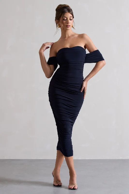 Women's Empire Waist DressesLost For Words | Navy Bardot Ruched Draped Midi Dress