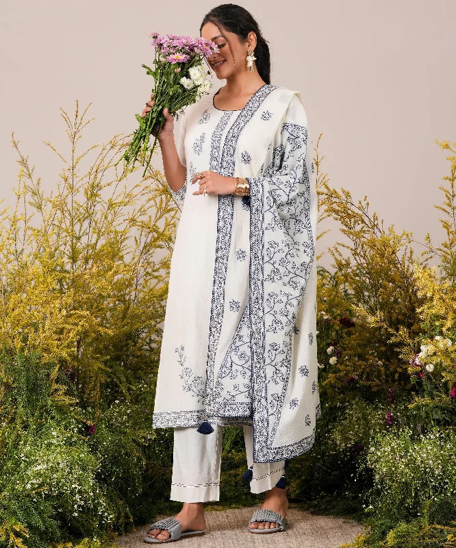 Women's Jumpsuits with Collarless DesignOff White Woven Design Cotton Straight Suit With Dupatta