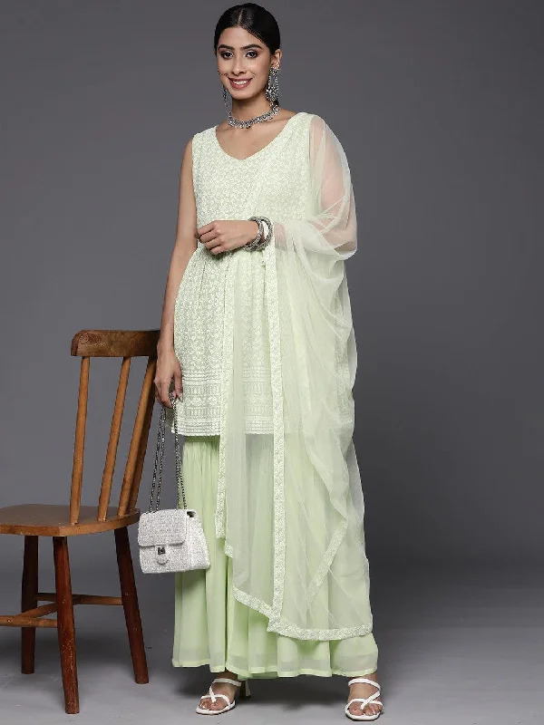 Women's Jumpsuits with Shawl CollarGreen Embroidered Georgette A-Line Sharara Suit Set With Dupatta