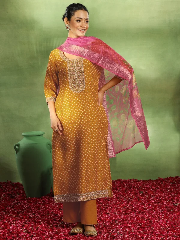 Women's Jumpsuits with Mandarin CollarMustard Printed Silk Blend Straight Suit With Dupatta