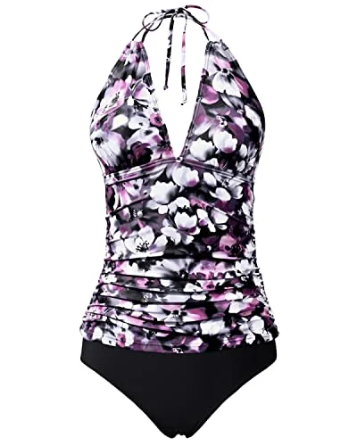 Halter Tankini Swimsuits V Neck And Bikini Bottom Two Piece Tankini-Purple Flower