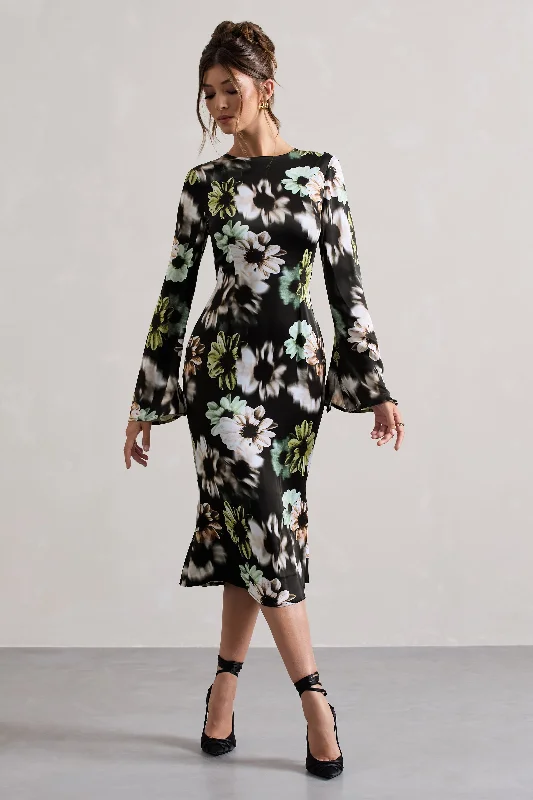 Women's Halter DressesArlitta | Black Floral Print Satin Long-Sleeve Midi Dress