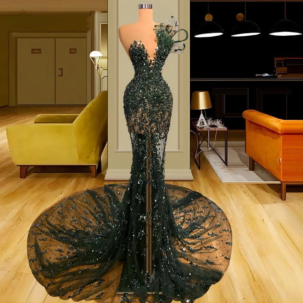 Women's Rounded Collar DressesLuxury See Through Beaded Prom Dresses Bodycon Sexy Prom Evening Dress