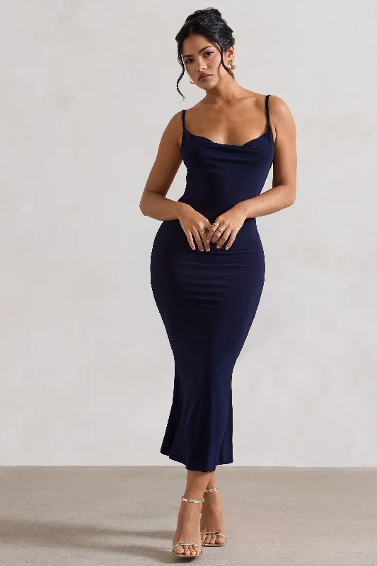 Women's Square-Back DressesAddison | Navy Cowl-Neck Open-Back Midi Dress With Lace